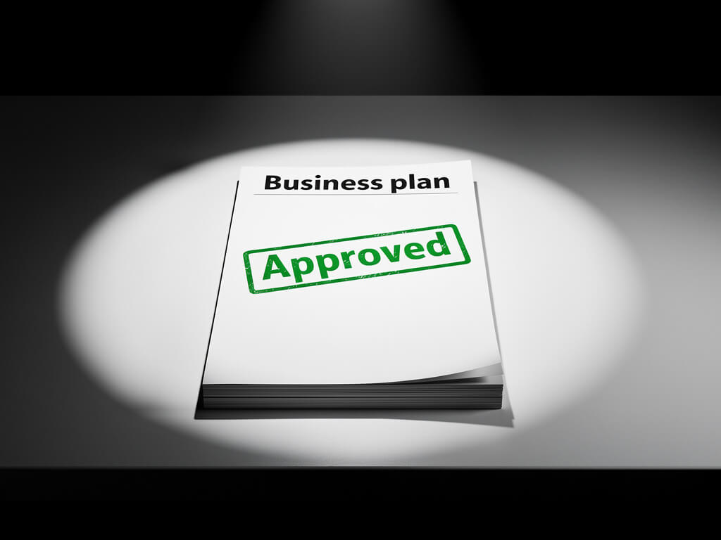 Clean desk with a single validated business plan under a spotlight, sharp focus, dark background fading into nothing