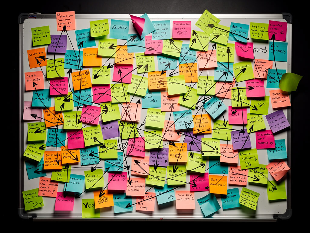 Chaotic whiteboard completely covered in overlapping sticky notes of every color, arrows pointing everywhere, some notes falling off, dark background, overwhelming cluttered mess, top-down view, studio lighting