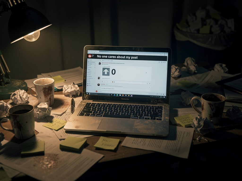 A chaotic desk covered in crumpled papers and empty coffee cups, a laptop showing a Reddit post with zero upvotes, desperation and disorder in dim light