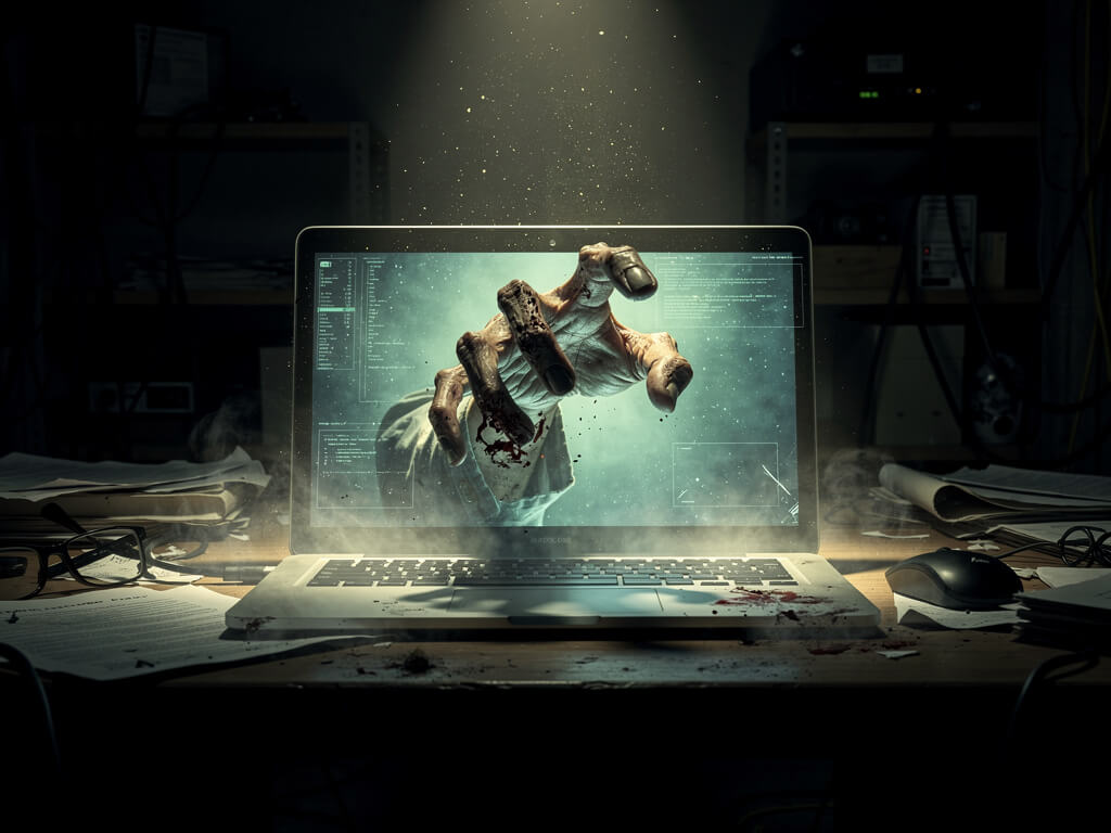 Zombie hand reaching out of laptop screen in dark room, undead project metaphor, horror atmosphere